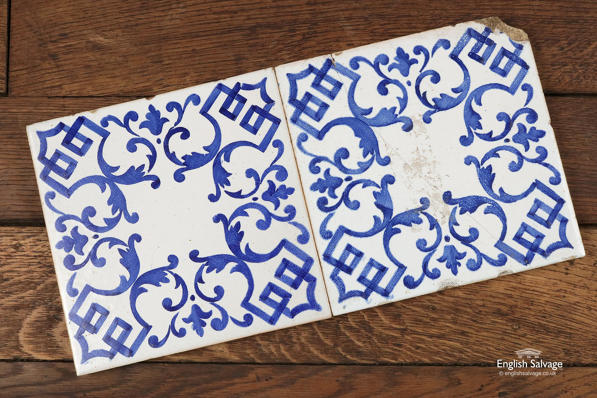2 Reclaimed Old Blue & White Patterned Tiles
