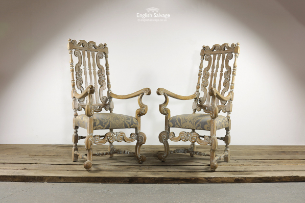 Pair Oak Armchairs with Scroll Detailing
