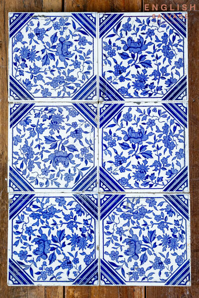6 blue and white antique Victorian wall tiles