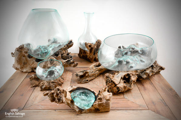 Beautiful glass and teak ornamental bowls