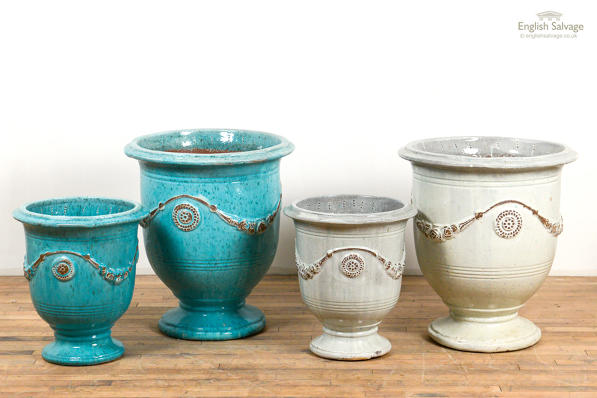 Blue and cream glazed urn planters plant pots