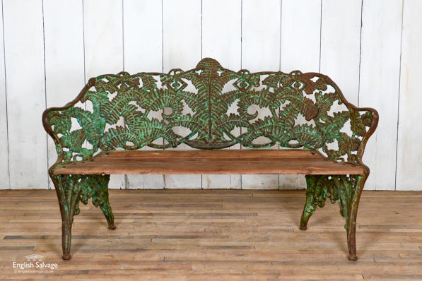 Cast iron and hardwood fern pattern bench