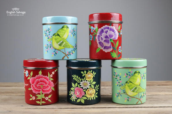 Colourful painted enamel lidded canisters