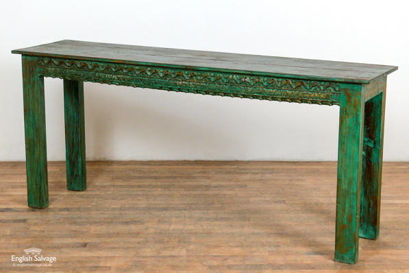 Console table from reclaimed carved panels