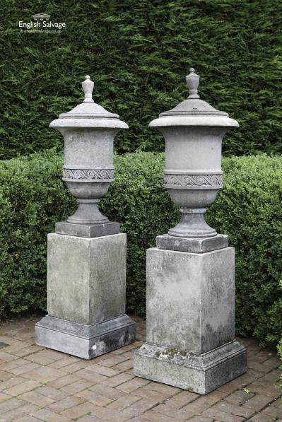 Decorative lidded composite stone urns