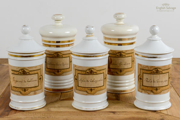 Five original Continental pharmacy jars