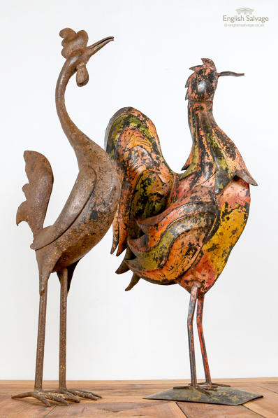 Folk art cockerels made from recycled metal