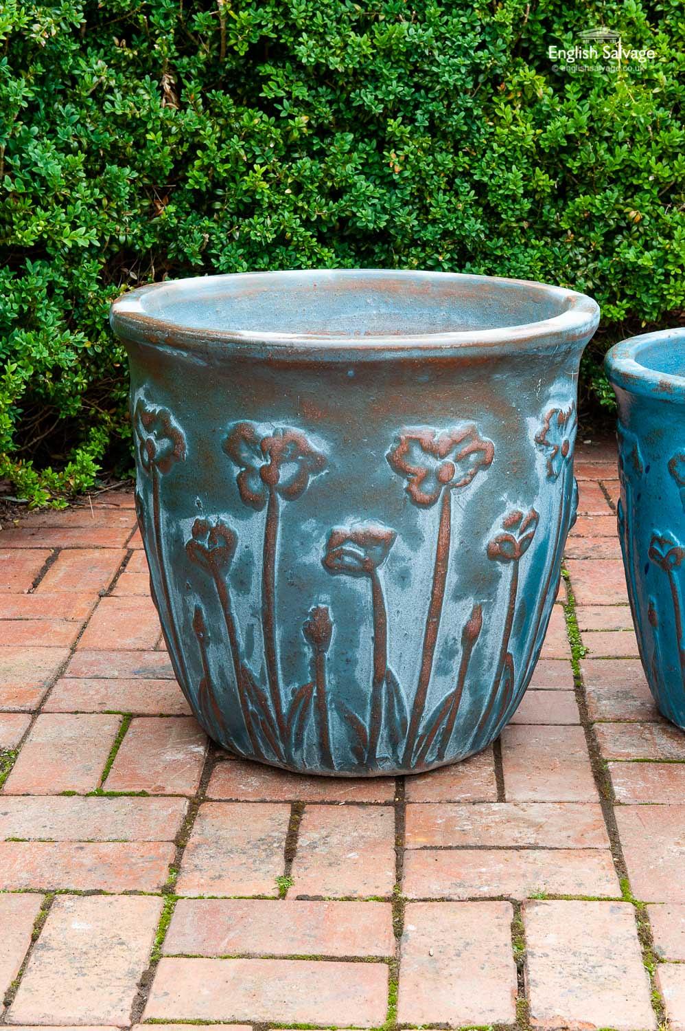 Glazed blue poppy design garden pots/planters