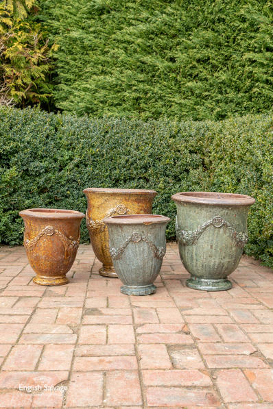 Glazed sage mustard terracotta swag urn pots