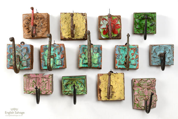 Hooks made from reclaimed teak carvings