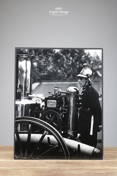 Large black and white photo of a fireman