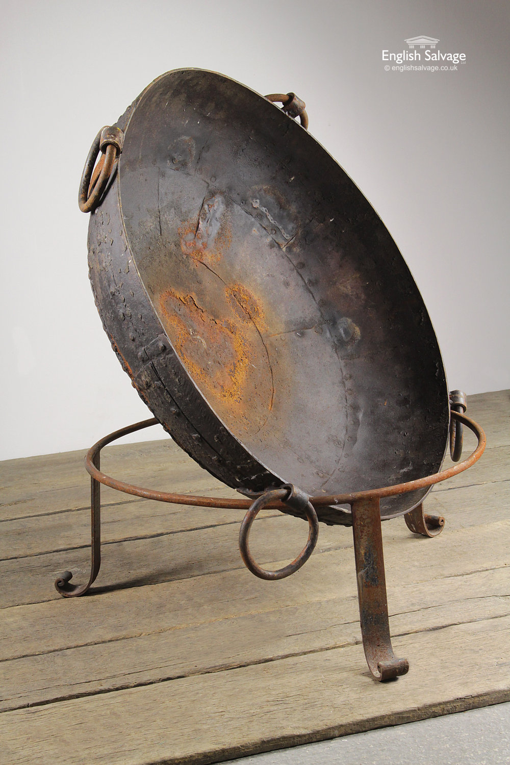 Large Riveted Fire Pit Kadai On Stand, Fire Pit Stand