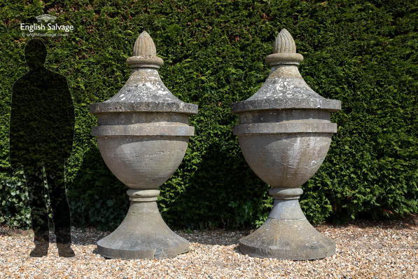 Monumental pair of 18thC blue limestone urns