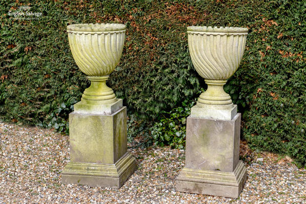 Natural stone goblet urns with twist fluting