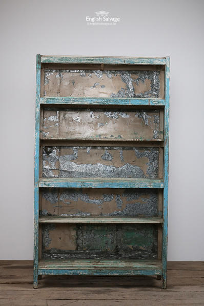 Old Tin Clad Blue Painted Wooden Bookcase