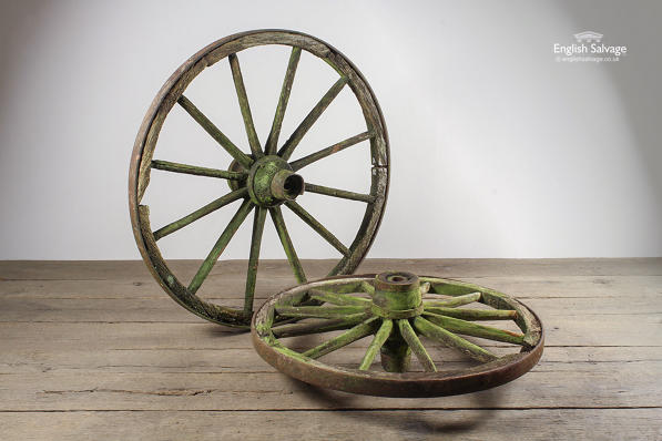 Old Wooden 12 Spoke Cart Wagon Wheels, Old Wooden Cart Wheels