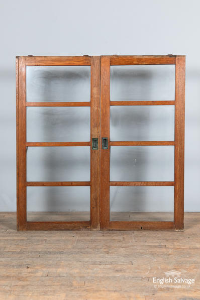 Original oak pair of glazed cupboard doors