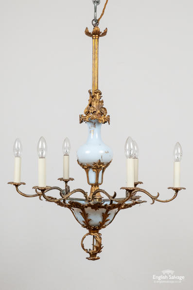 Ornate brass alloy milk glass chandelier