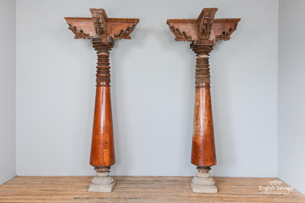 Ornate pair of antique Indian teak pillars