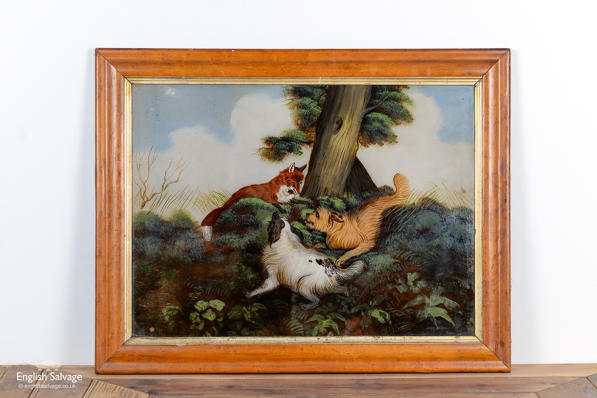Painted glass picture of fox and dogs