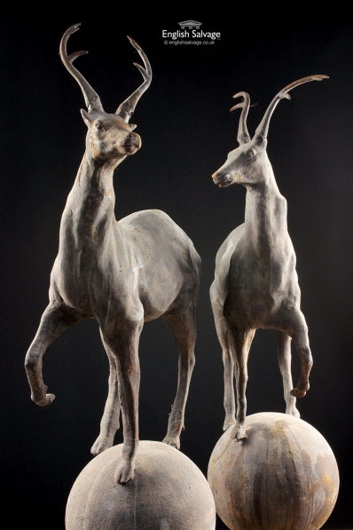 Pair Cast Iron Stags on Ball Plinths