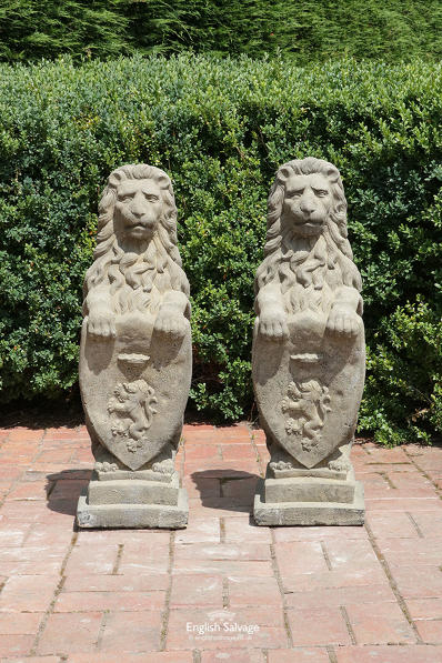 Pair composition stone heraldic lions