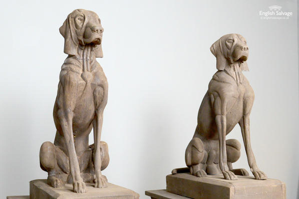 Pair reclaimed carved wood hounds on plinths