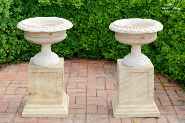 Pair tazza sandstone urns 
