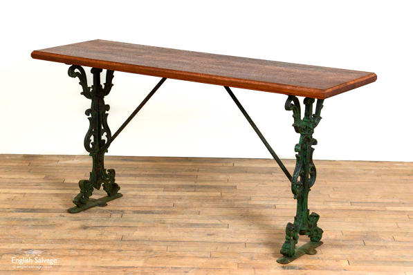 Pub table with cast iron base and iroko top 