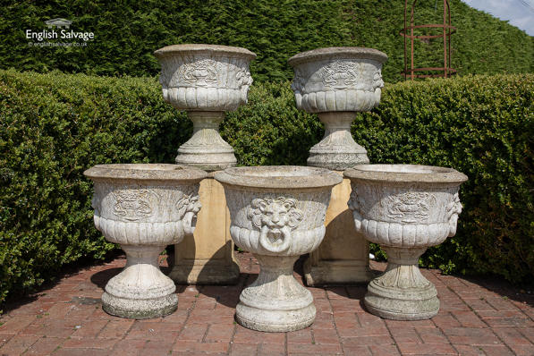 Reclaimed composition lion garden urns