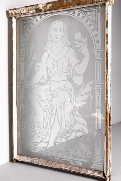 Reclaimed etched glass figure of a lady