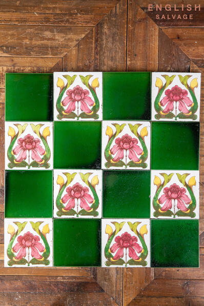 Reclaimed floral and green tile combination
