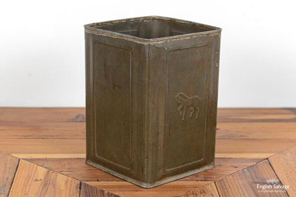 Reclaimed metal container with horse motif 