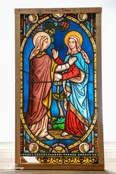 Reclaimed stained glass panel of two Marys 