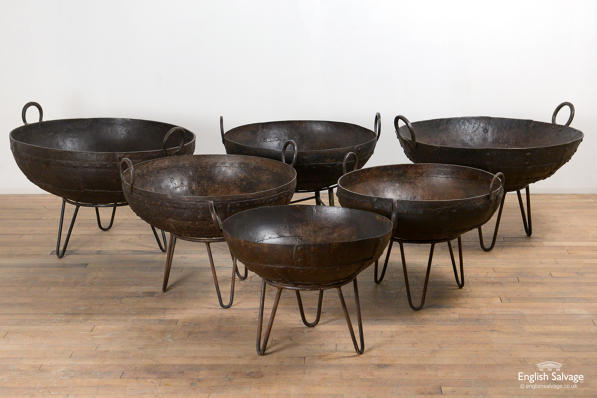Reclaimed vintage kadai fire bowls and stand