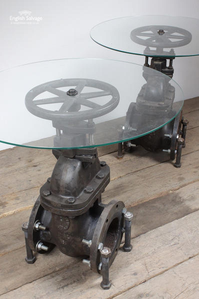 Repurposed Valve and Glass Topped Tables