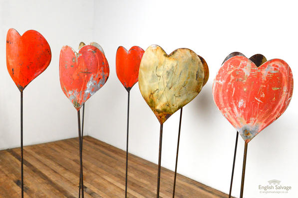 Reused metal heart stakes / plant supports 