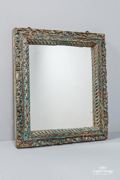 Rustic carved teak blue wall mirror 