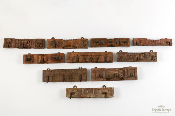 Rustic carved wooden pattress & iron hooks