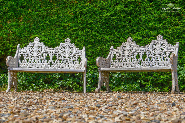 Salvaged cast iron crown top white benches 
