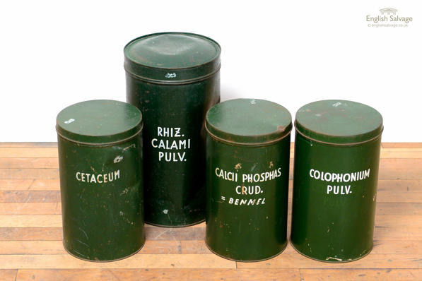 Salvaged chemist canisters/tins 
