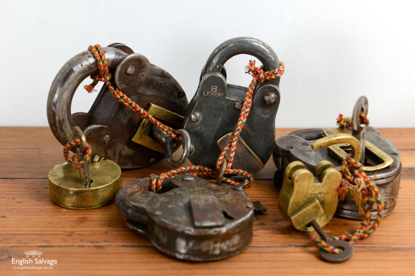 Salvaged vintage iron and brass padlocks