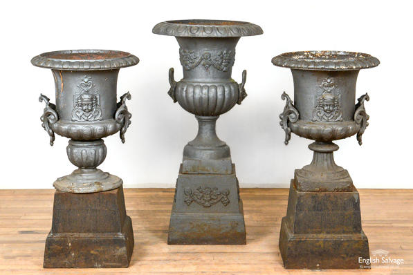Set of 3 French C19th cast iron campana urns