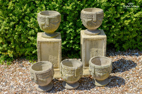 Set of 5 composite Greek key planters / urns
