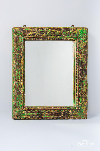 Shabby green carved teak mirror