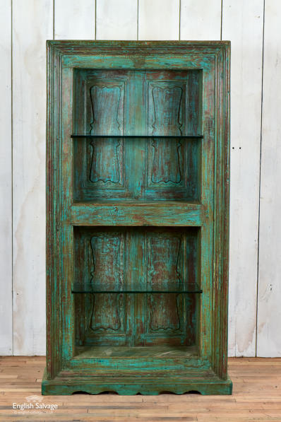 Turquoise teak and glass display cabinet