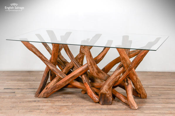 Unusual teak root and glass dining table