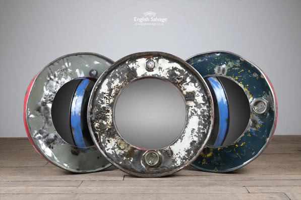 Upcycled metal oil drum mirrors