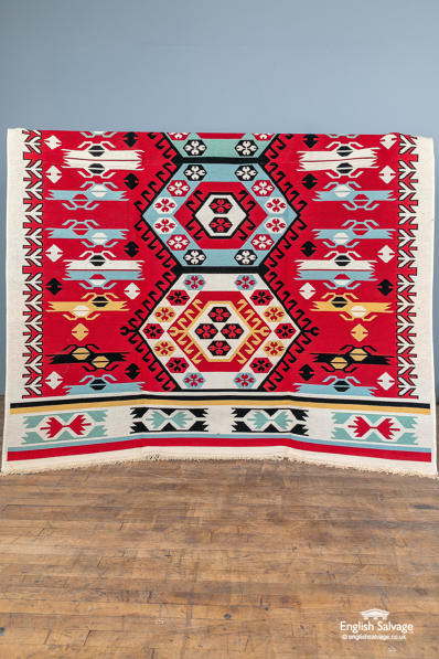 Vibrant red blue off white Kilim style rug