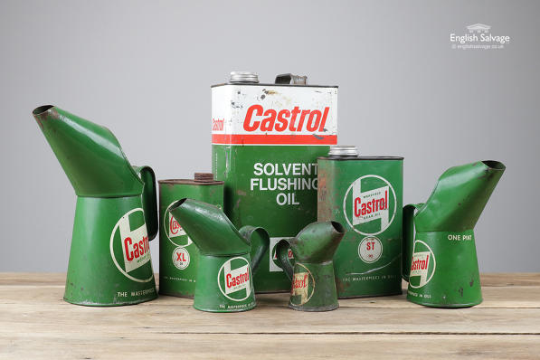 Vintage Castrol metal oil cans and jugs